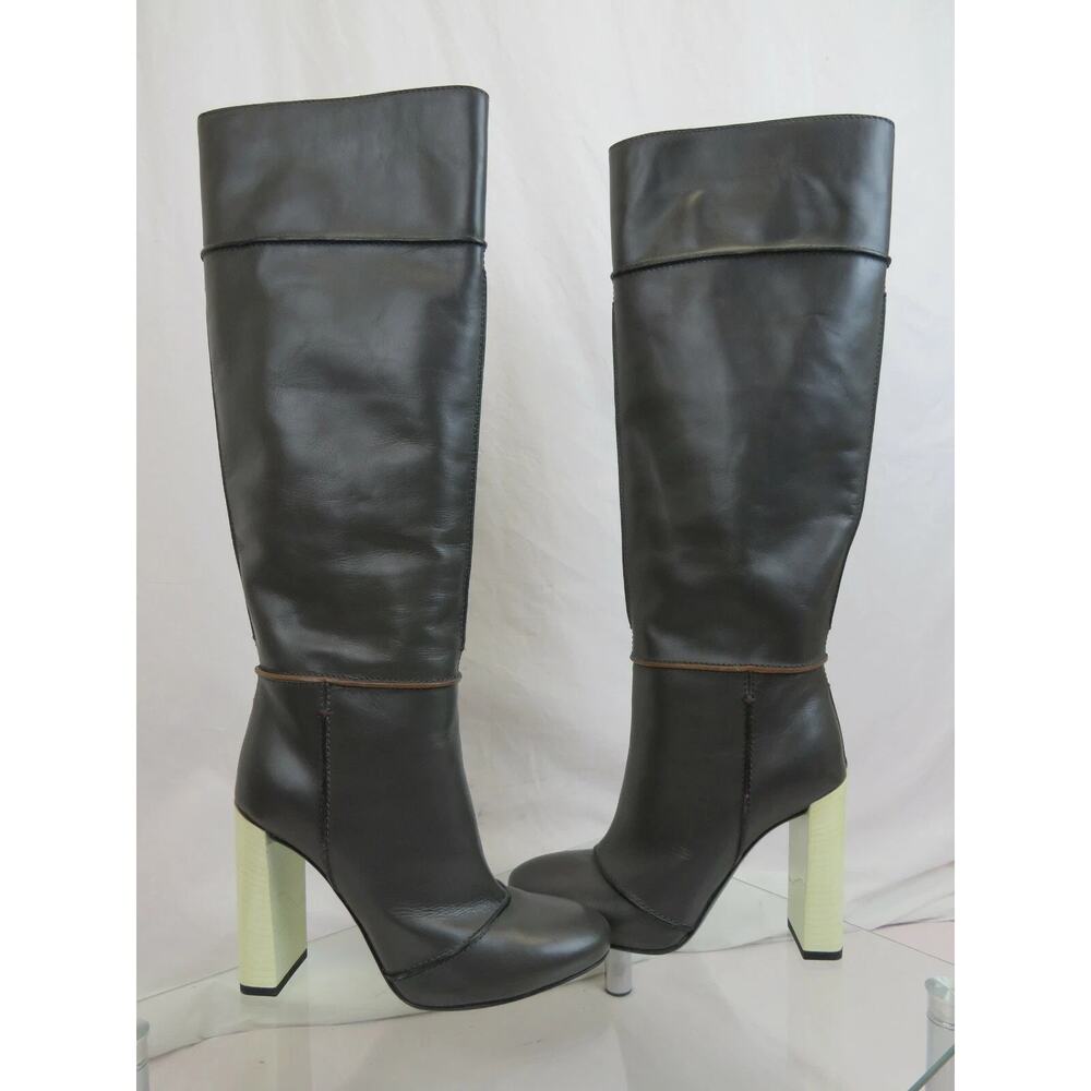 NEW FENDI DARK GRAY MIKADO LEATHER PULL ON CONTRAST HEEL TALL BOOTS 37.5 $1550